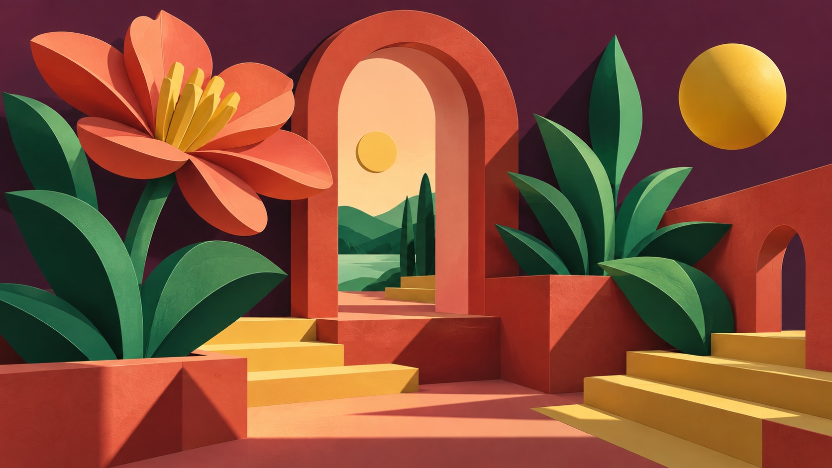 A terracotta archway framing a green valley and a small sun, with oversized orange flowers, leaves and yellow steps in flat-shaded volumes on deep plum.