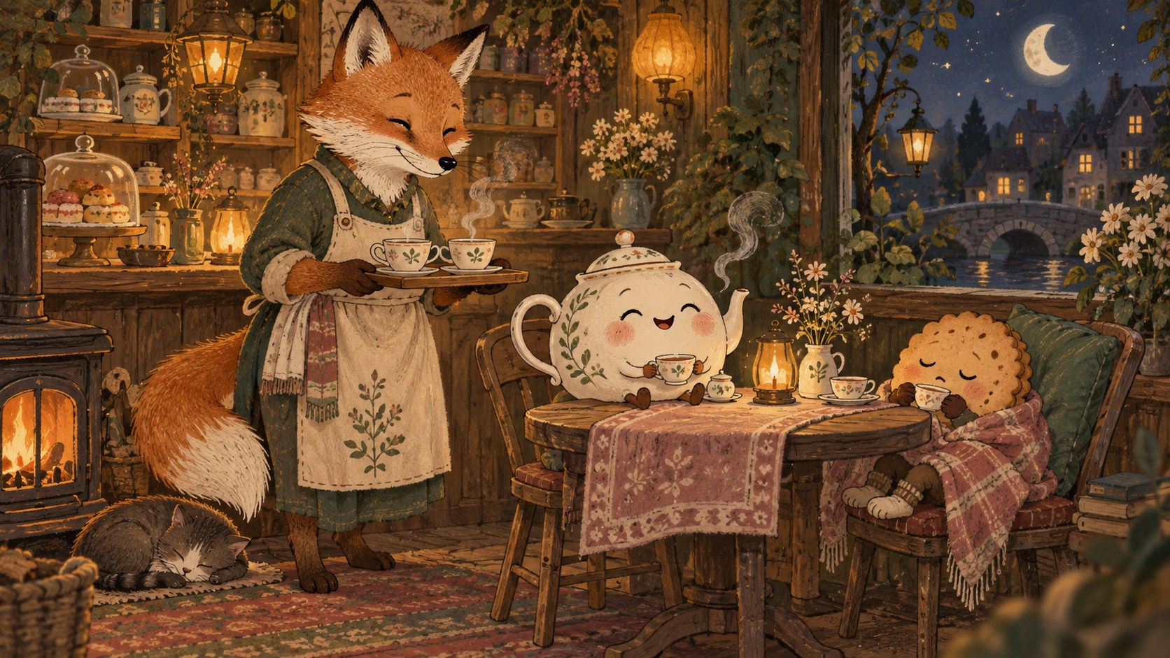 A fox in a green dress and apron serves tea by lamplight in a cottage kitchen, a smiling teapot and a sleepy biscuit at the table.