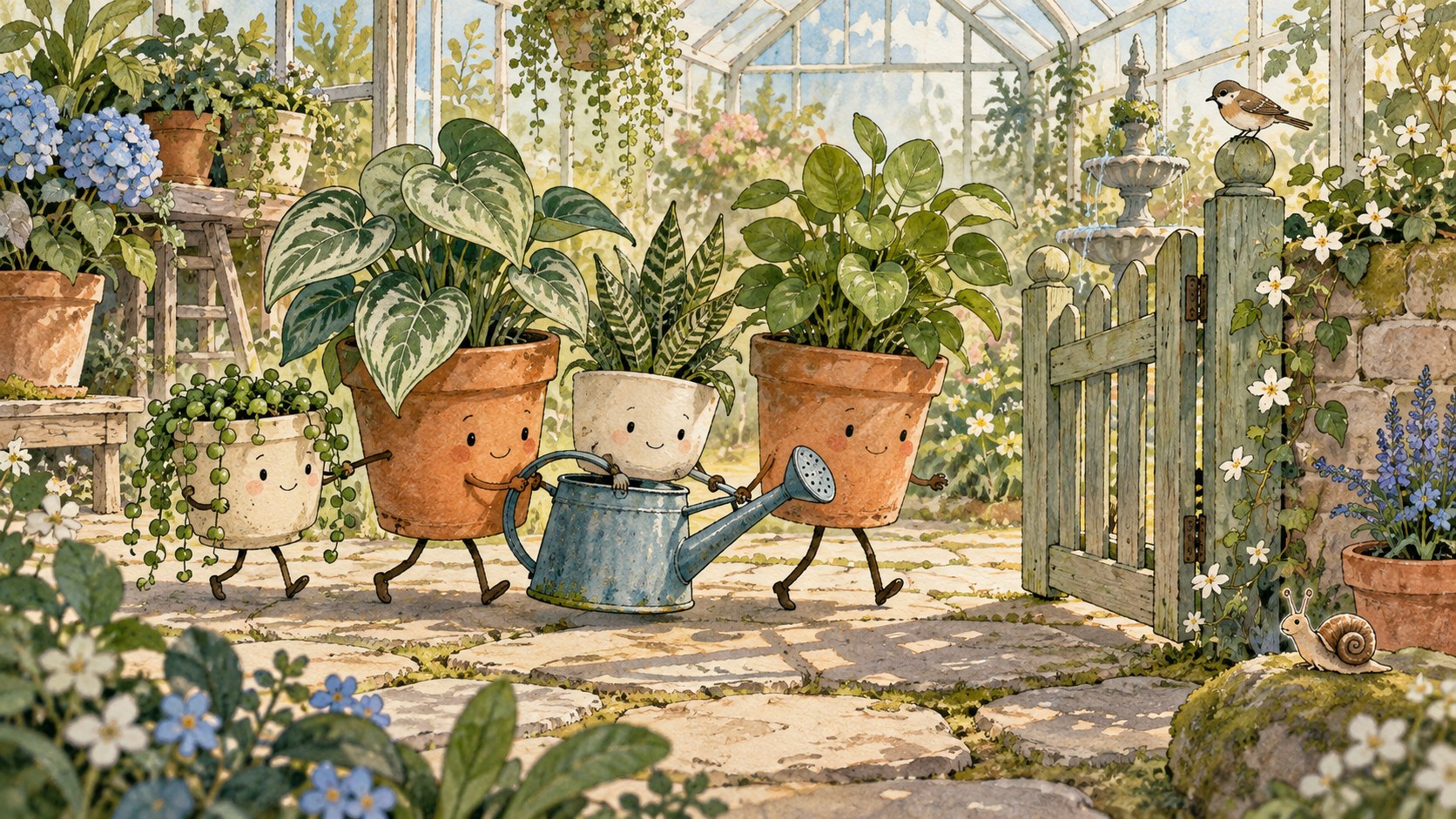 Potted plants on little legs march through a greenhouse carrying a watering can.