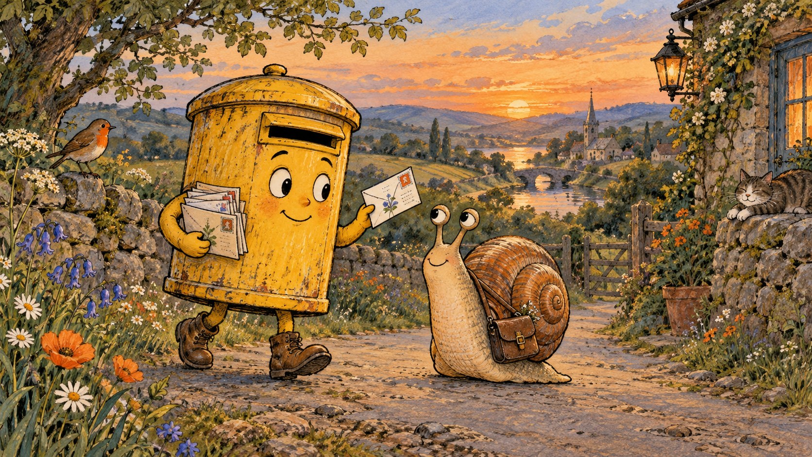 A yellow postbox in walking boots carries letters down a country lane at sunset beside a snail with a satchel.