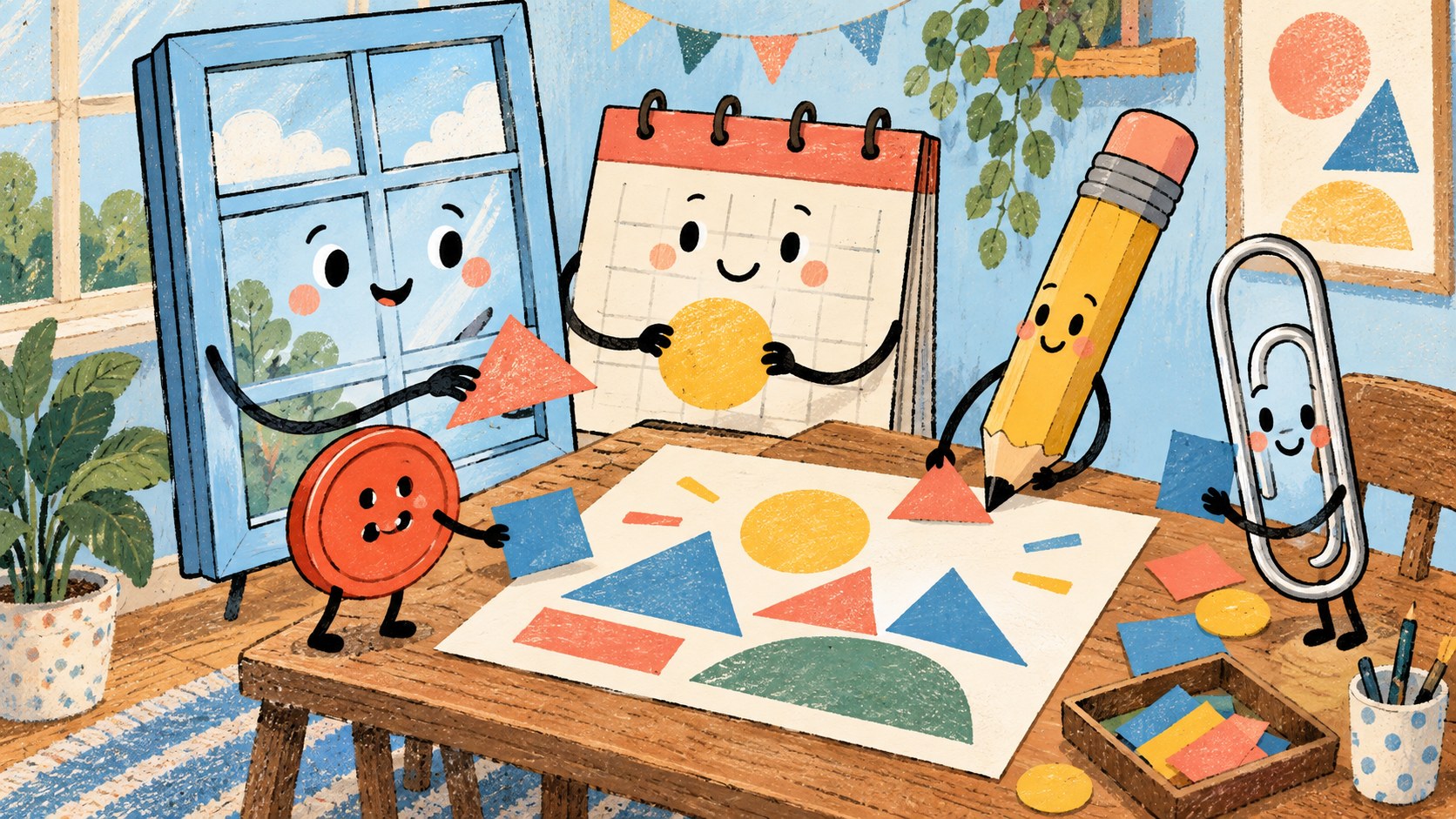 A window, a calendar, a pencil, a button and a paperclip with faces make a paper collage together at a wooden table.