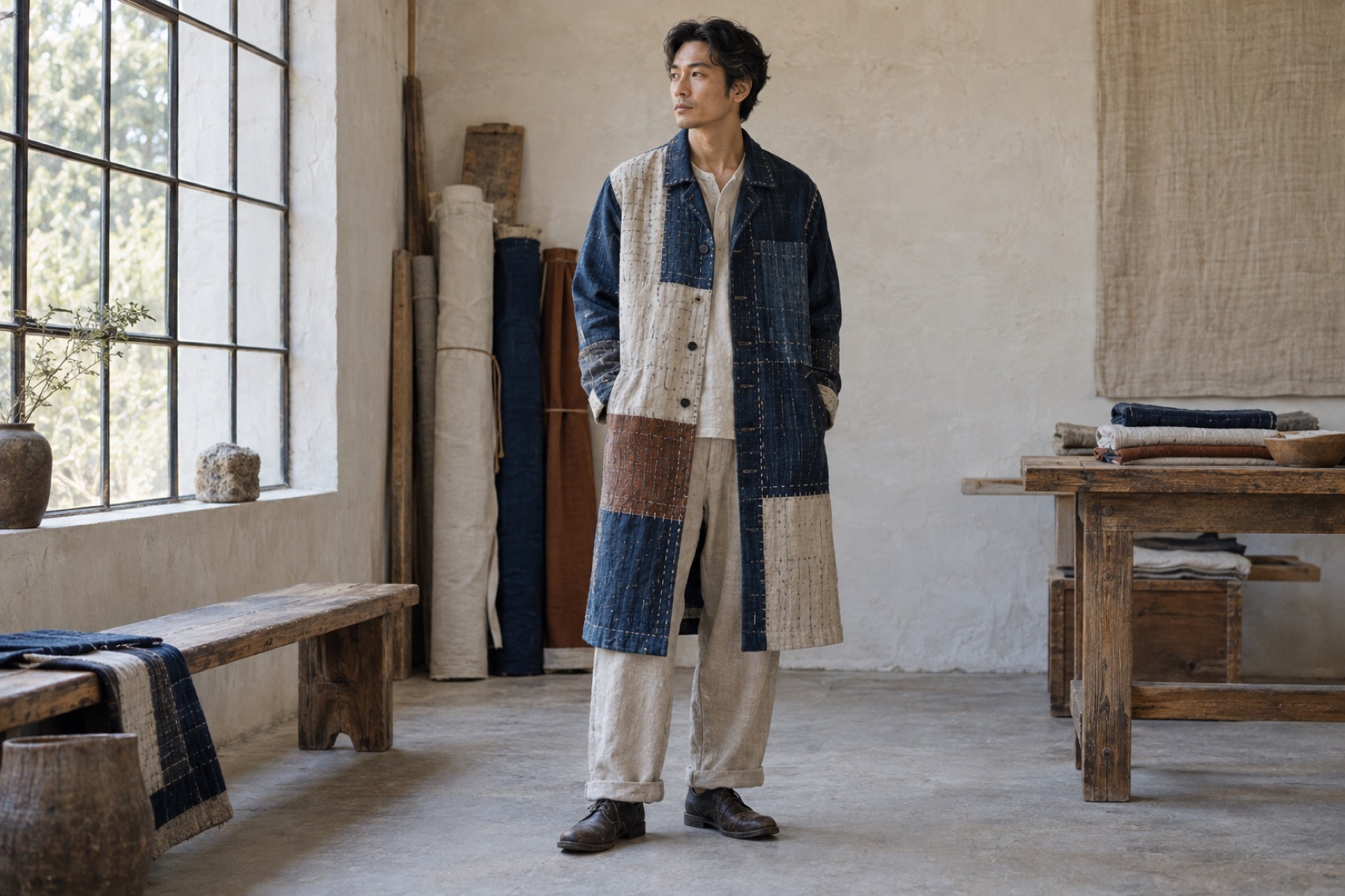 A model wears a hand-stitched patchwork coat in a quiet textile workshop.