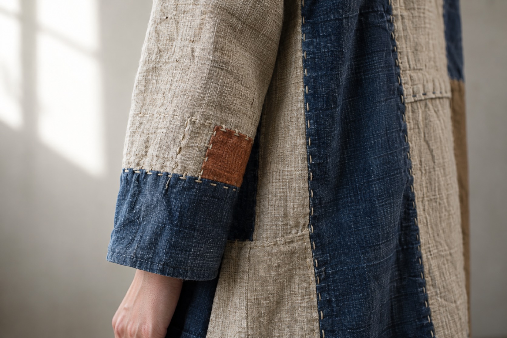Linen and indigo sleeve panels meet at visible hand stitching and a rust repair patch.