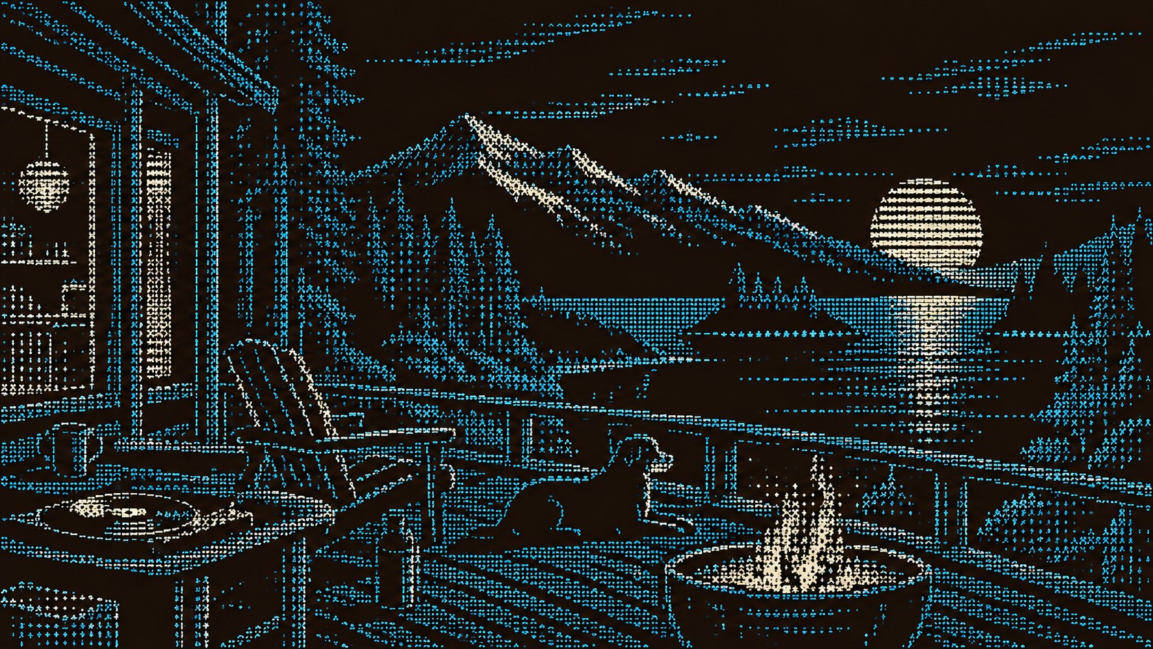 A cabin porch with a dog, a fire pit and a moonlit mountain lake, drawn in teal ASCII characters on black.