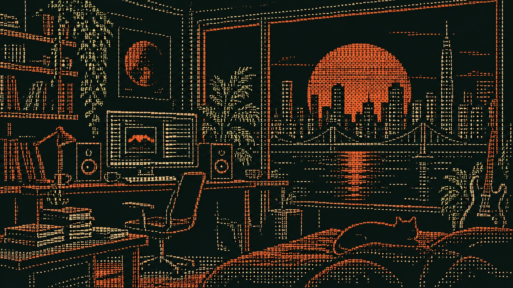 A studio room with a computer, plants and a cat, a city sunset in the window, drawn in orange and green ASCII characters on black.