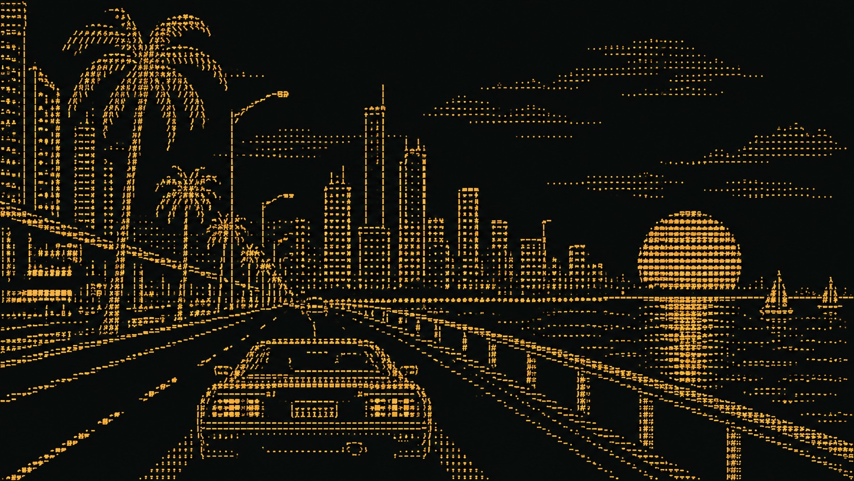 A coastal highway at night with palms, a skyline and a setting sun, drawn in amber ASCII characters on black.