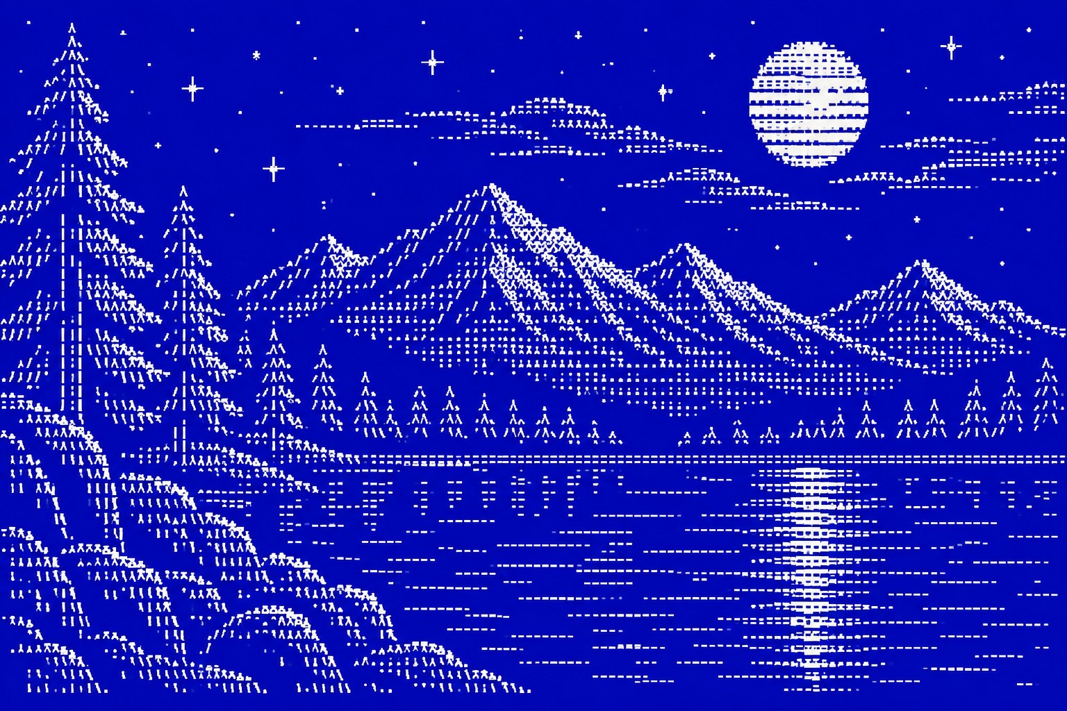 Snowy mountains, pines and a moon over a lake, drawn in white ASCII characters on a blue screen.