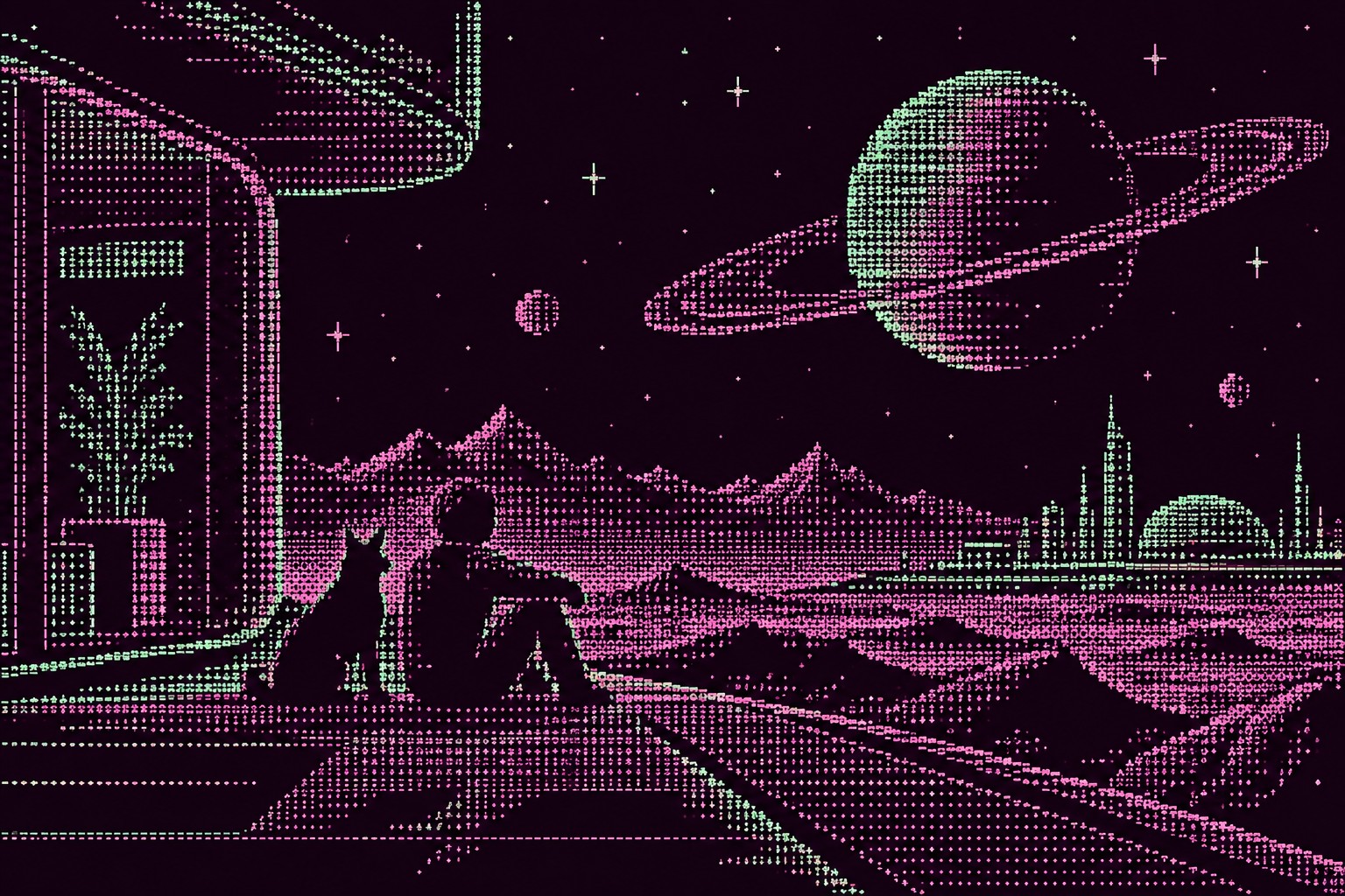 A figure and a cat looking out at a ringed planet over mountains, drawn in violet and green ASCII characters.
