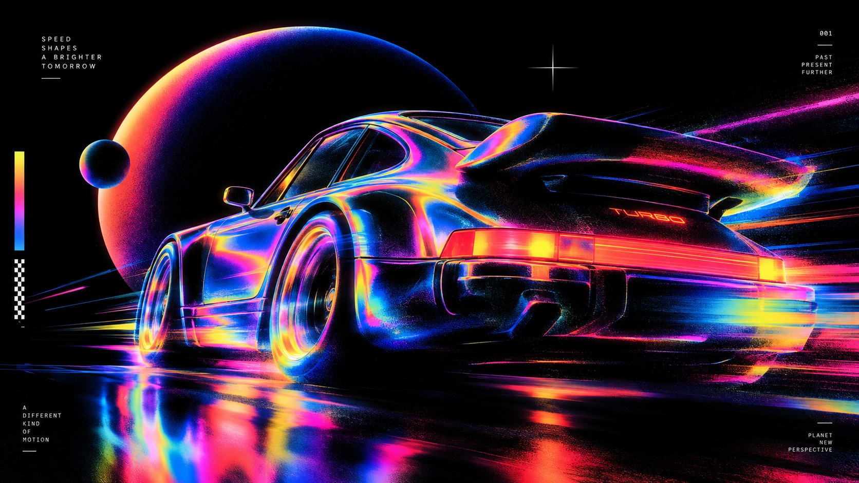 A sports car drawn in neon gradient light streaks against black, a gradient planet and orbiting spheres behind it.