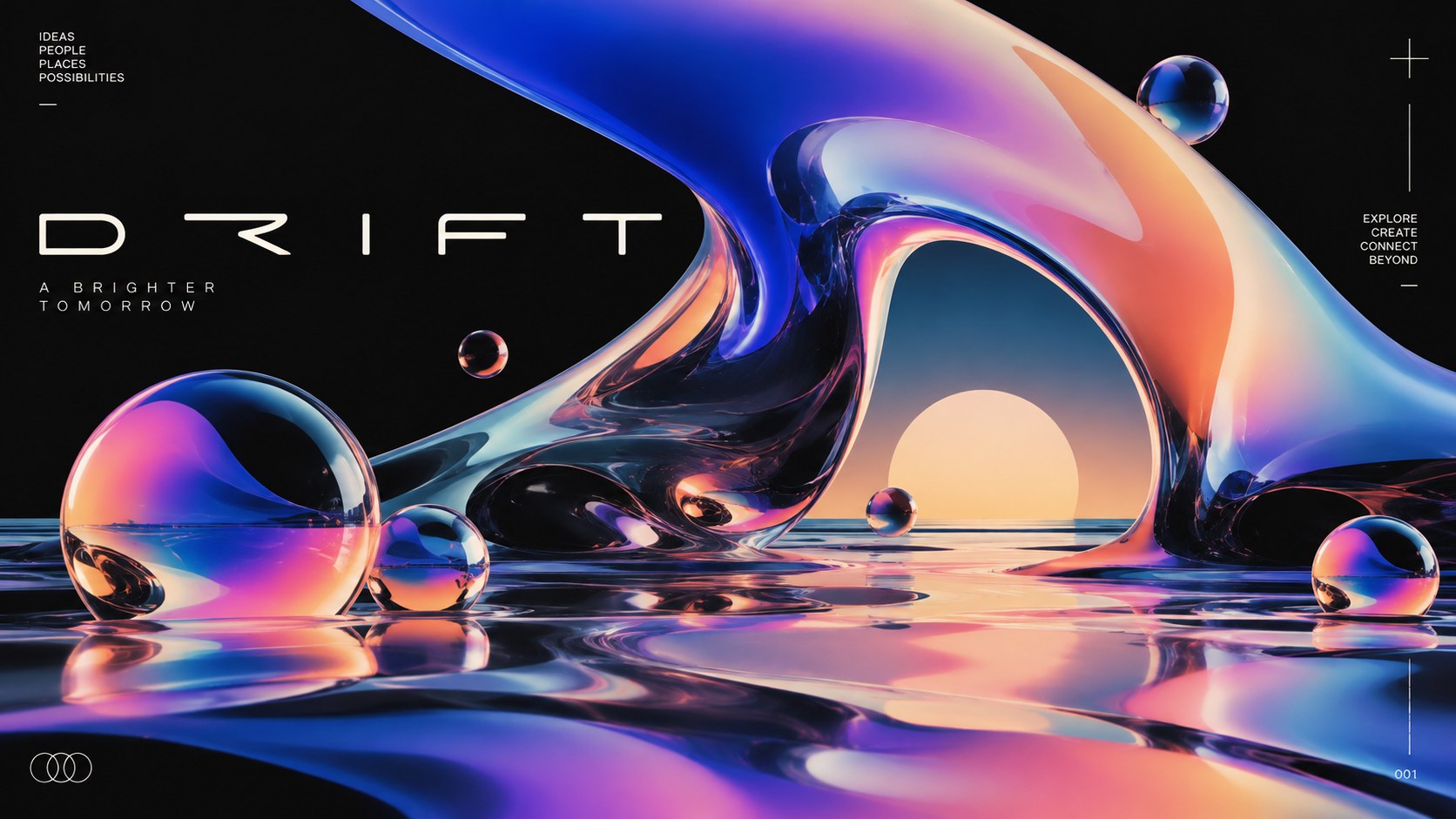 An iridescent liquid landscape with glossy spheres and a low sun, captioned Drift, in pink, violet and blue gradients.