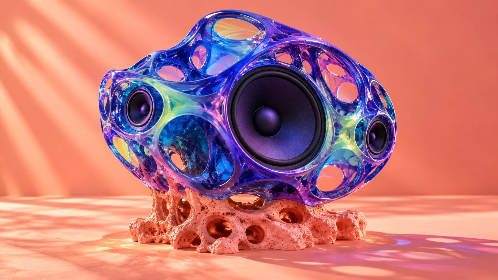 A speaker whose body is a porous iridescent lattice, pink shading to violet and blue, growing from a coral base in warm sunlight on a coral wall.