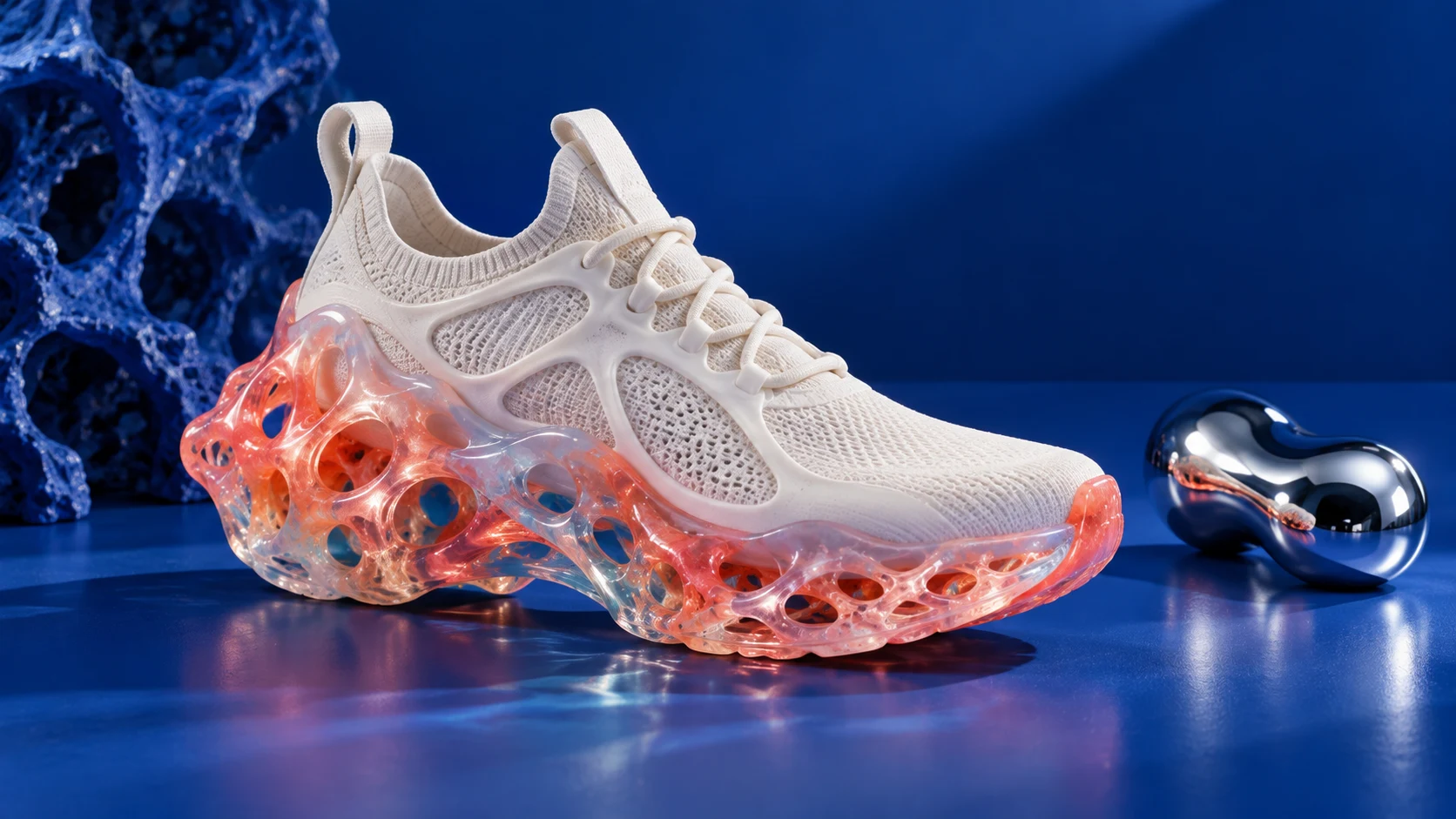 A white knit trainer on a sole of grown iridescent lattice, a chrome pebble beside it and coral-like forms behind, on cobalt blue.