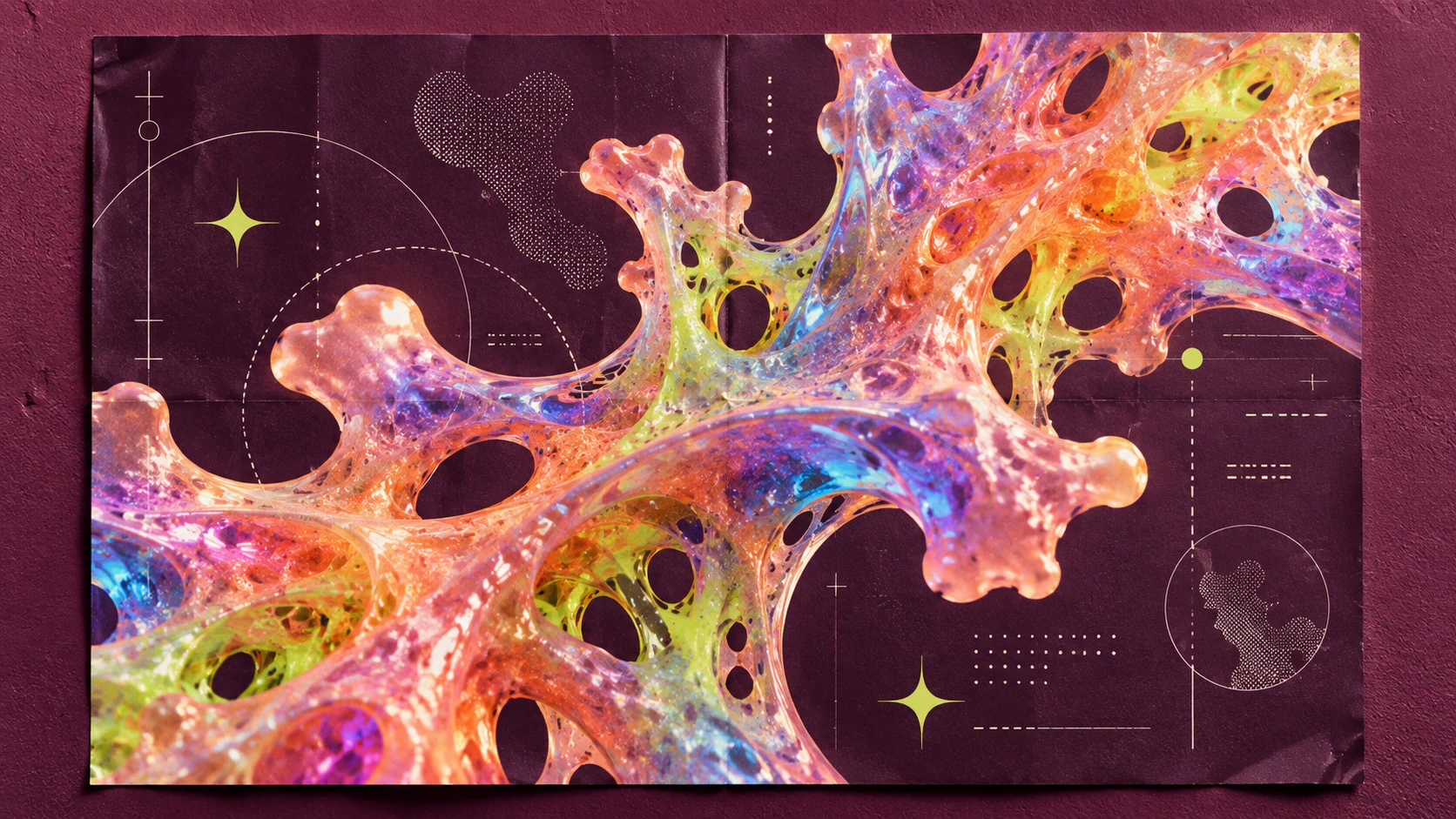 A plum poster of one branching iridescent lattice with thin technical lines, dotted circles and lime sparkles.