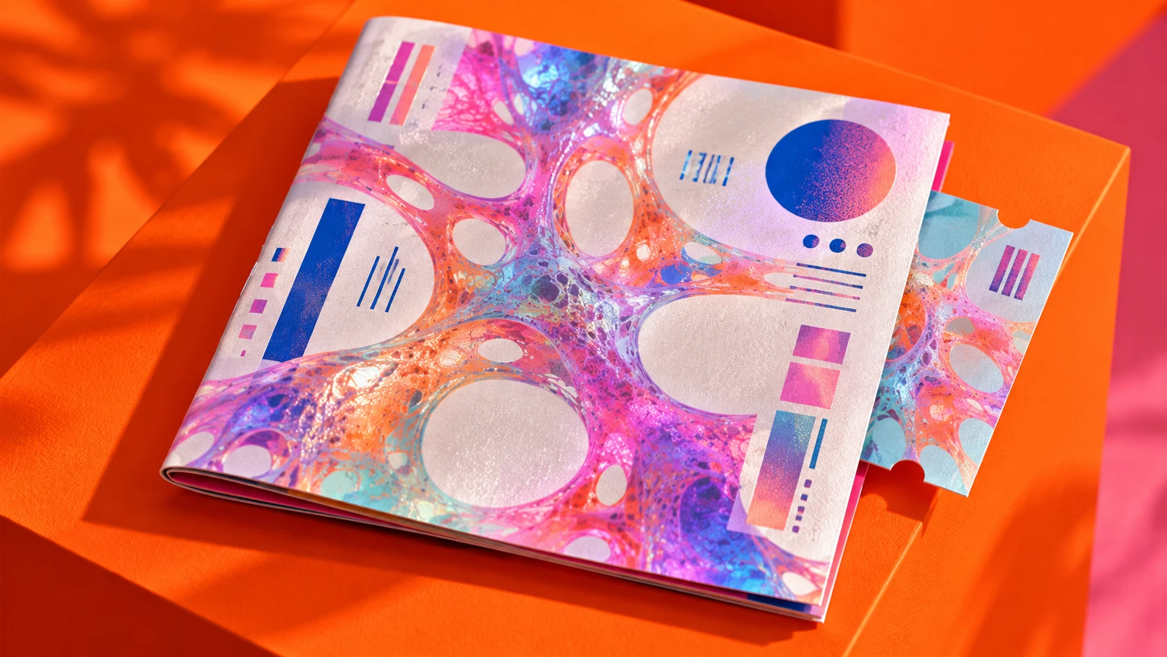 A printed booklet on an orange table in sunlight, its cover an iridescent lattice pattern with coloured bars and circles.
