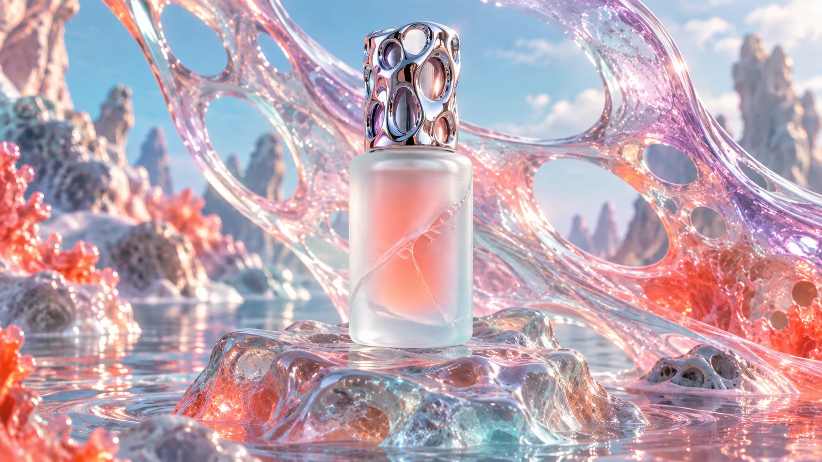 A frosted serum bottle with a lattice metal cap stands on a porous rock in still water, arches of iridescent lattice rising behind it.