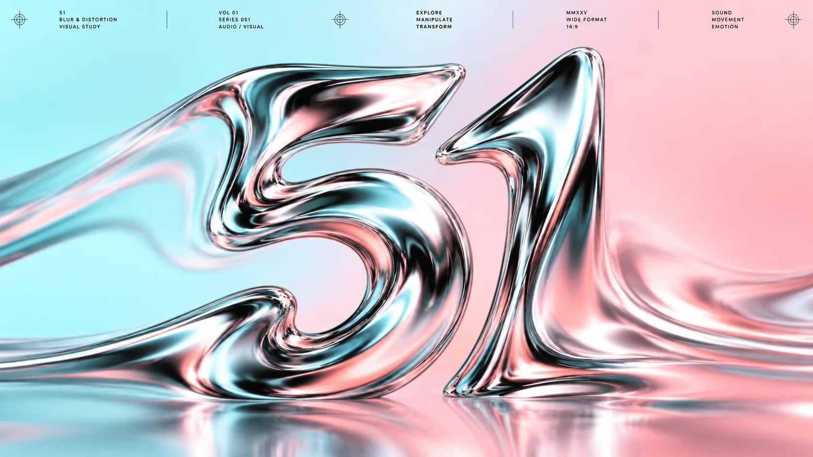 The chrome number 51 liquifies across a pale cyan and blush gradient beneath a crisp information line.