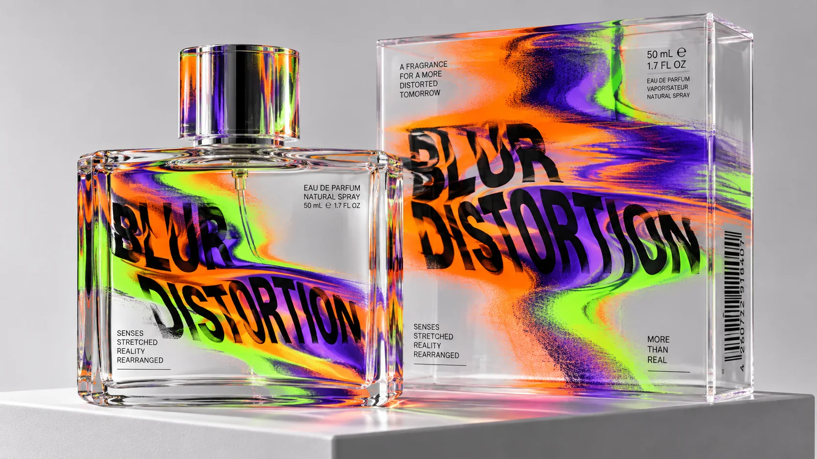 A perfume bottle and clear package carry stretched orange, violet and acid-green typography.