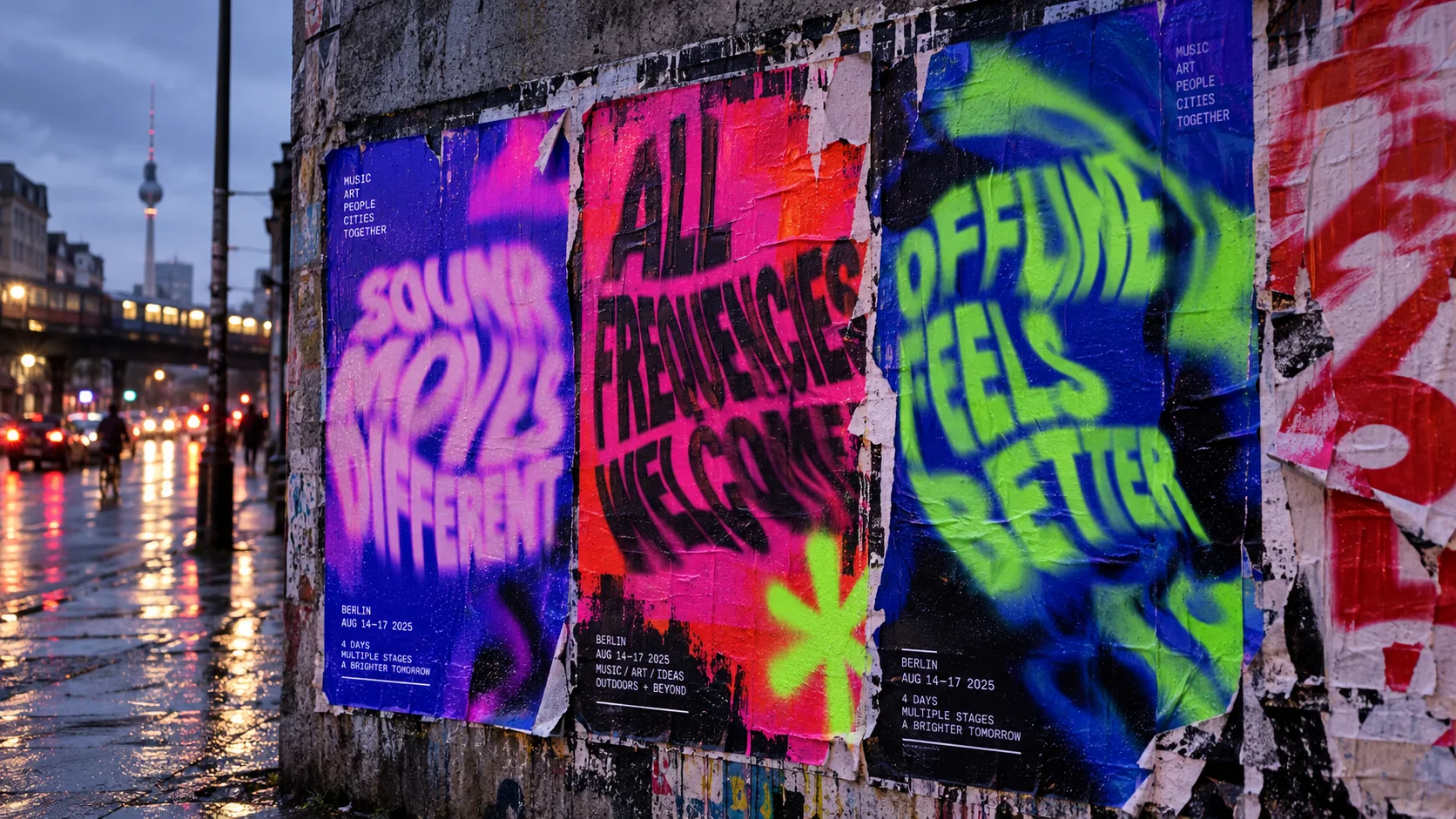 Warped neon festival posters cover a wet Berlin street wall at dusk.