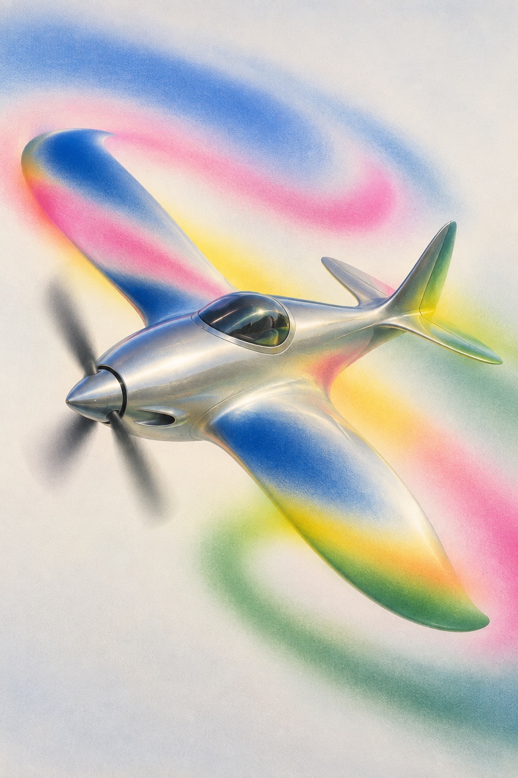 A chrome propeller aircraft banking through pink, cyan and green airbrush trails on a pale ground.