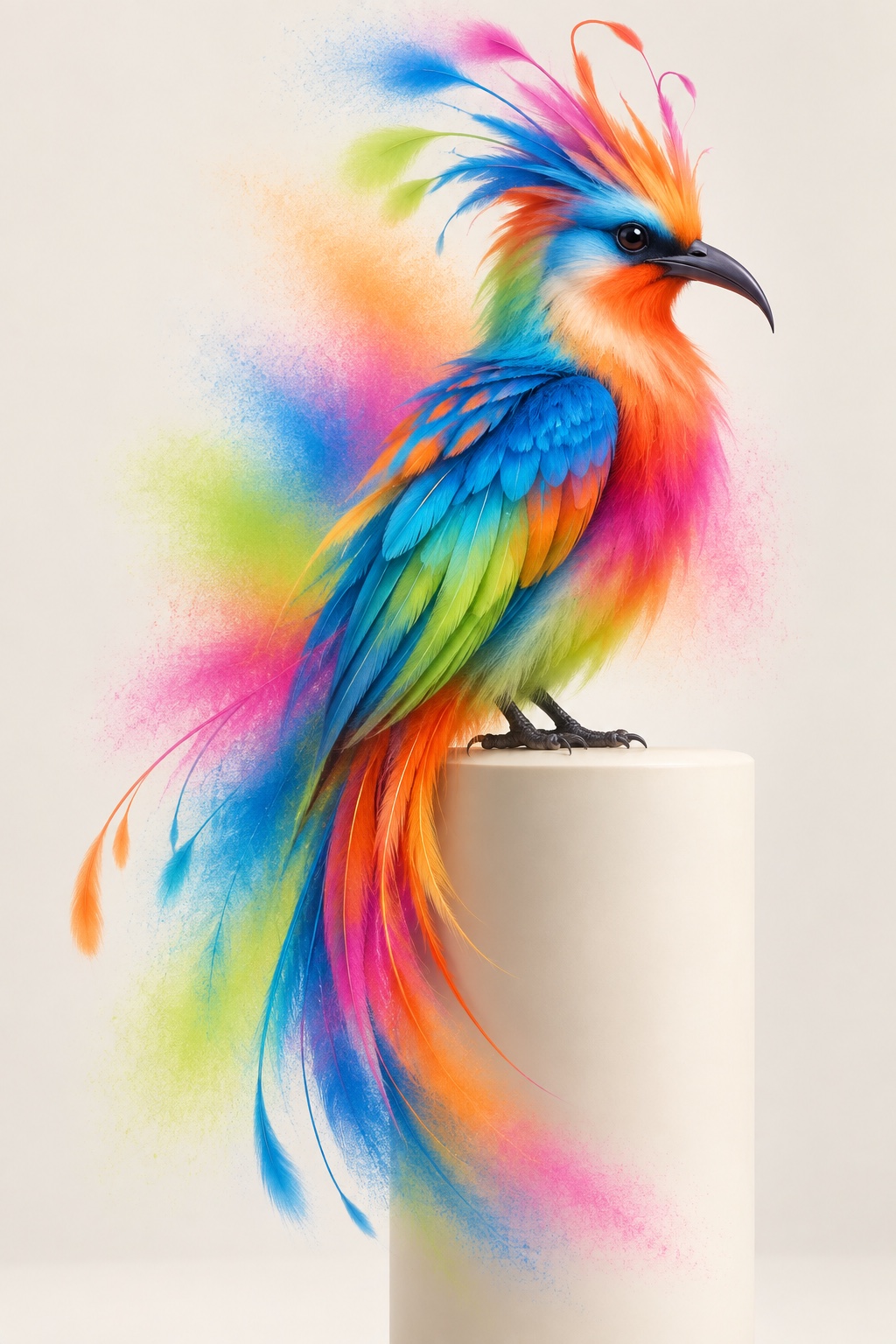 A crested bird in rainbow airbrush colour perched on a white cylinder, its plumage sprayed into haze.