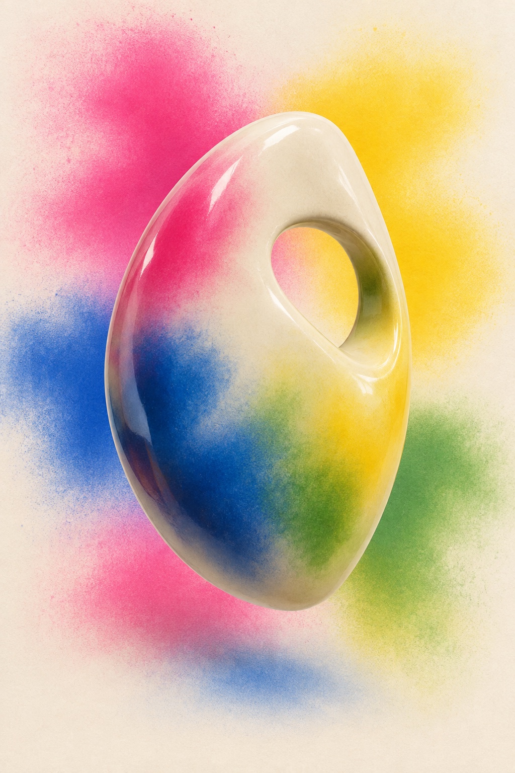 A smooth glossy ceramic form with a hole, blooming in pink, saffron and cyan overspray on an empty cream ground.