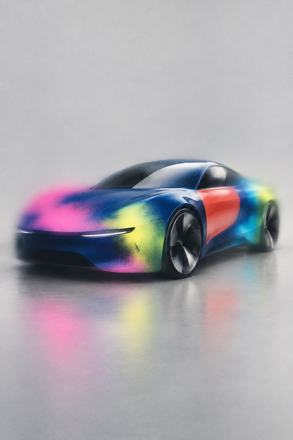A sleek concept car in pink, cyan and green airbrush haze on a grey seamless studio floor, its edges dissolving.