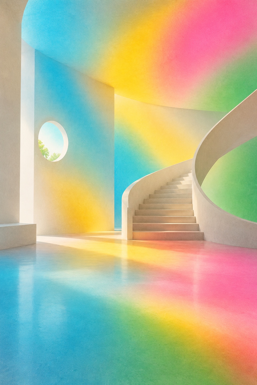 A white curved staircase and porthole in an empty room washed in cyan, pink, yellow and green haze over a glossy floor.