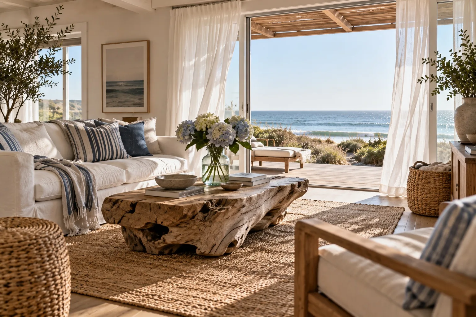 A beach house living room open to the sea, linen sofas with striped cushions, a driftwood table, a jute rug and sheer curtains in the breeze.