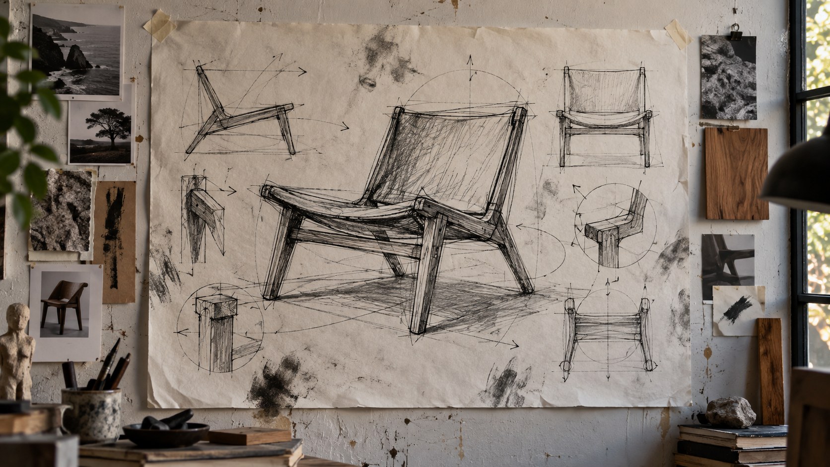 Charcoal studies of a lounge chair from several angles on a large sheet pinned to a studio wall, joints drawn as details.