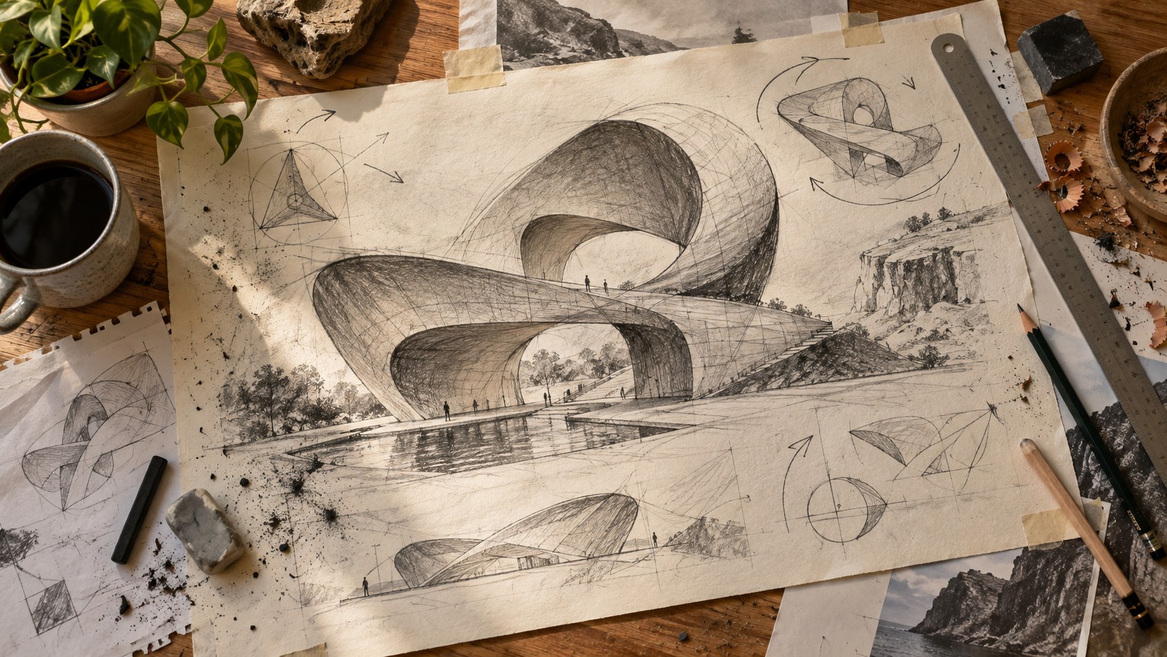 A loose pencil drawing of a sweeping curved building on taped tracing paper, with thumbnails, a steel rule, pencils and coffee around it.
