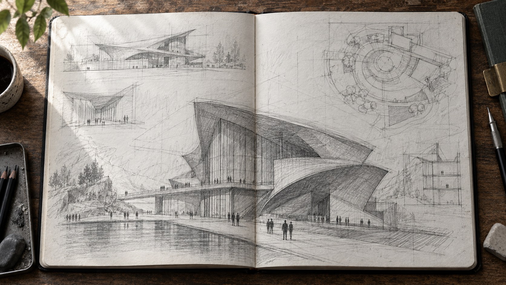An open sketchbook with a pencil perspective of an angular waterfront building, a plan and elevations on the facing page.