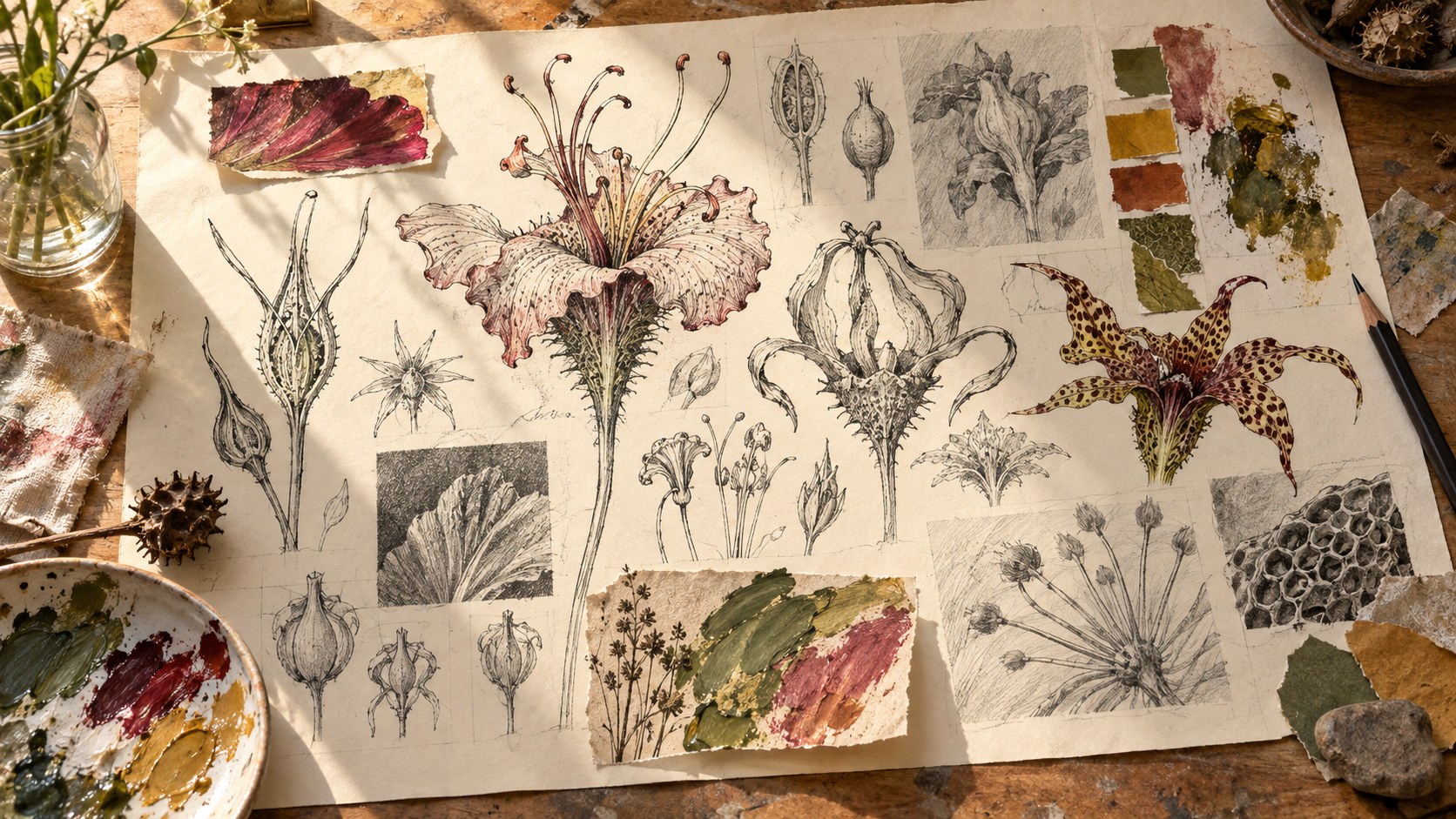 Pencil studies of seed pods and lilies with watercolour swatches and notes, a palette and brushes beside the sheet.