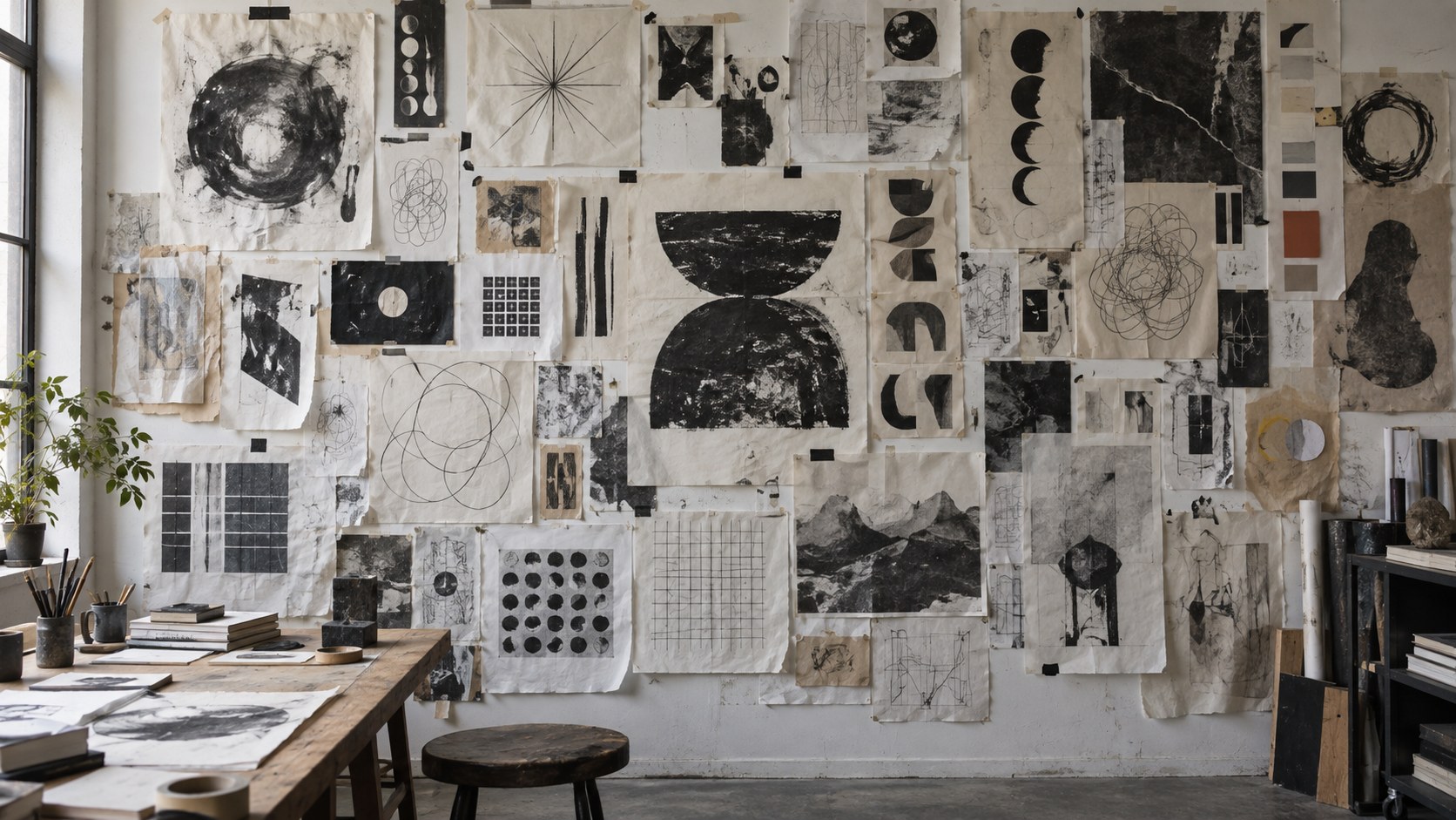 A studio wall covered in pinned ink studies, circles, grids and photographs above a long worktable.