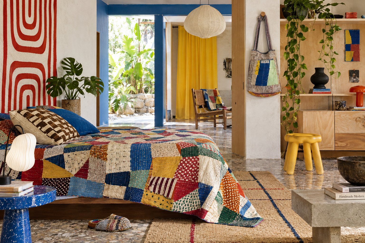 A bedroom with a patchwork kantha quilt on a low walnut bed, a red and white hand-painted wall hanging, a paper lantern, a rush chair and a yellow stool, a tropical garden through a blue doorway.