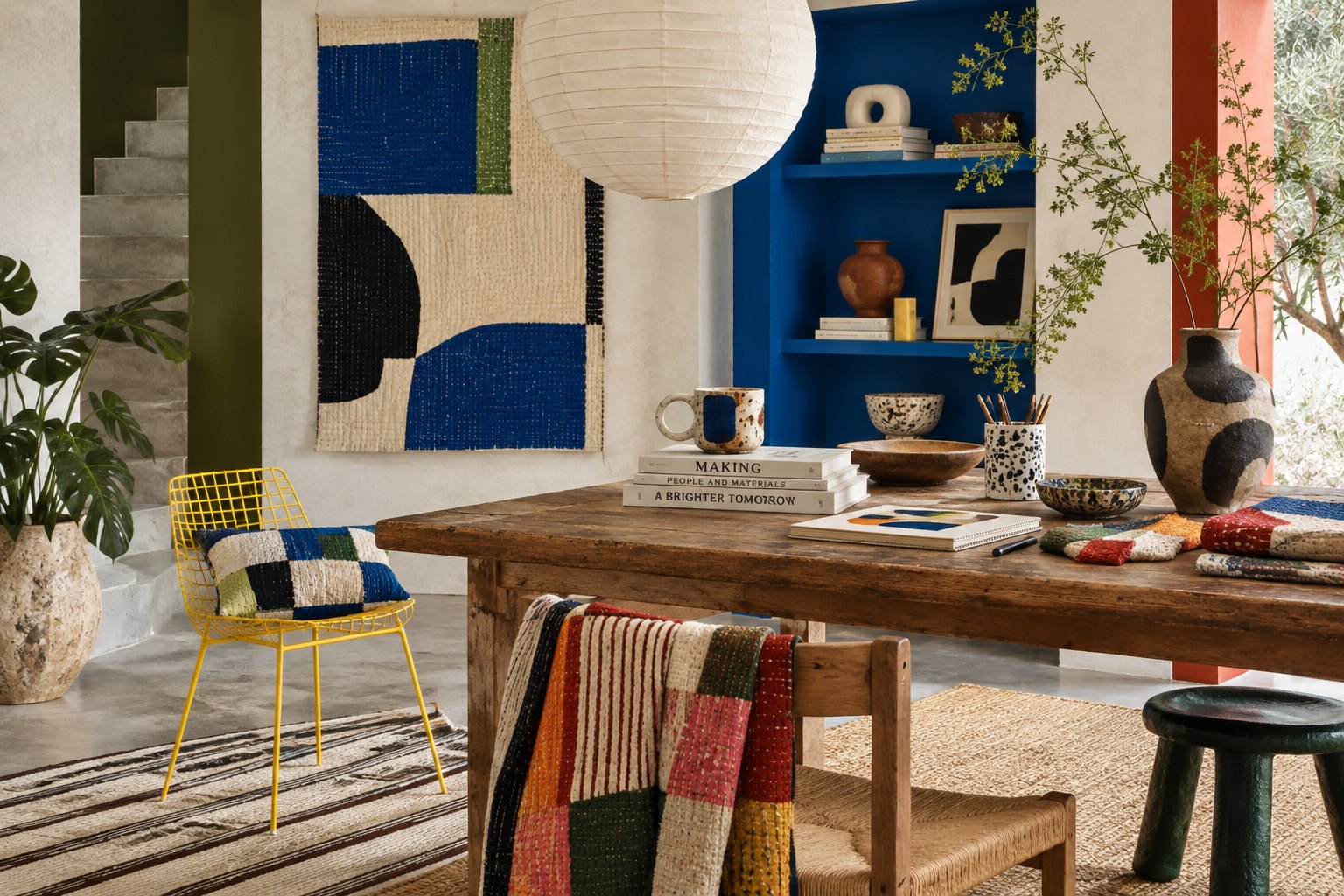 A workroom with a hand-stitched blue, black and cream wall textile, a paper lantern, a worn wooden table with stoneware and quilted cloth, a yellow wire chair and a cobalt blue shelf.