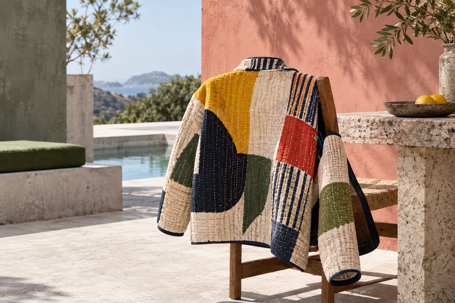 A quilted patchwork jacket in cream, mustard, navy, olive and red, hand-stitched in running stitch, hung on a rush chair on a sunlit terrace above the sea.