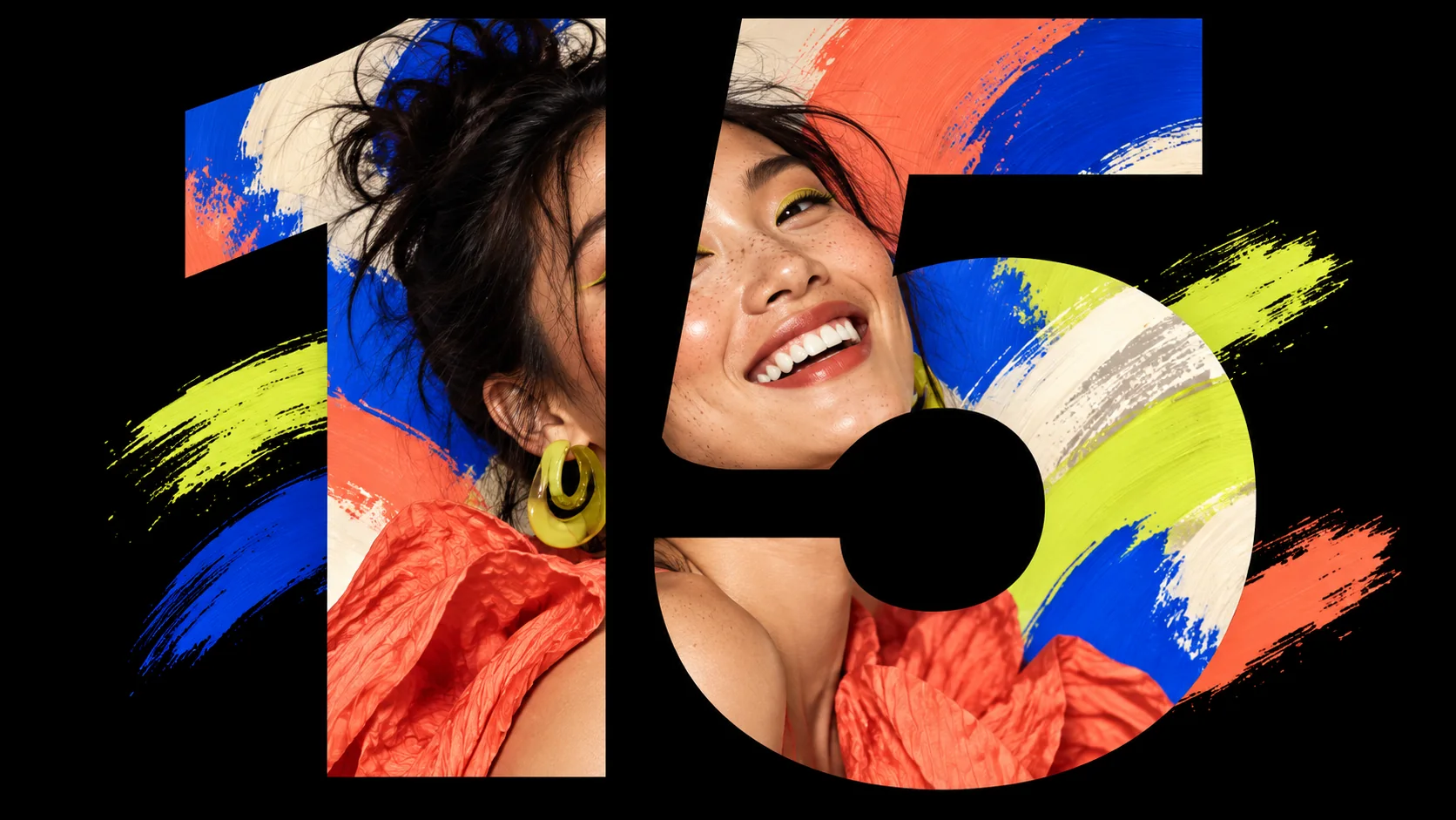 The numeral 15 becomes a photographic mask for a smiling portrait and painted brush marks on black.