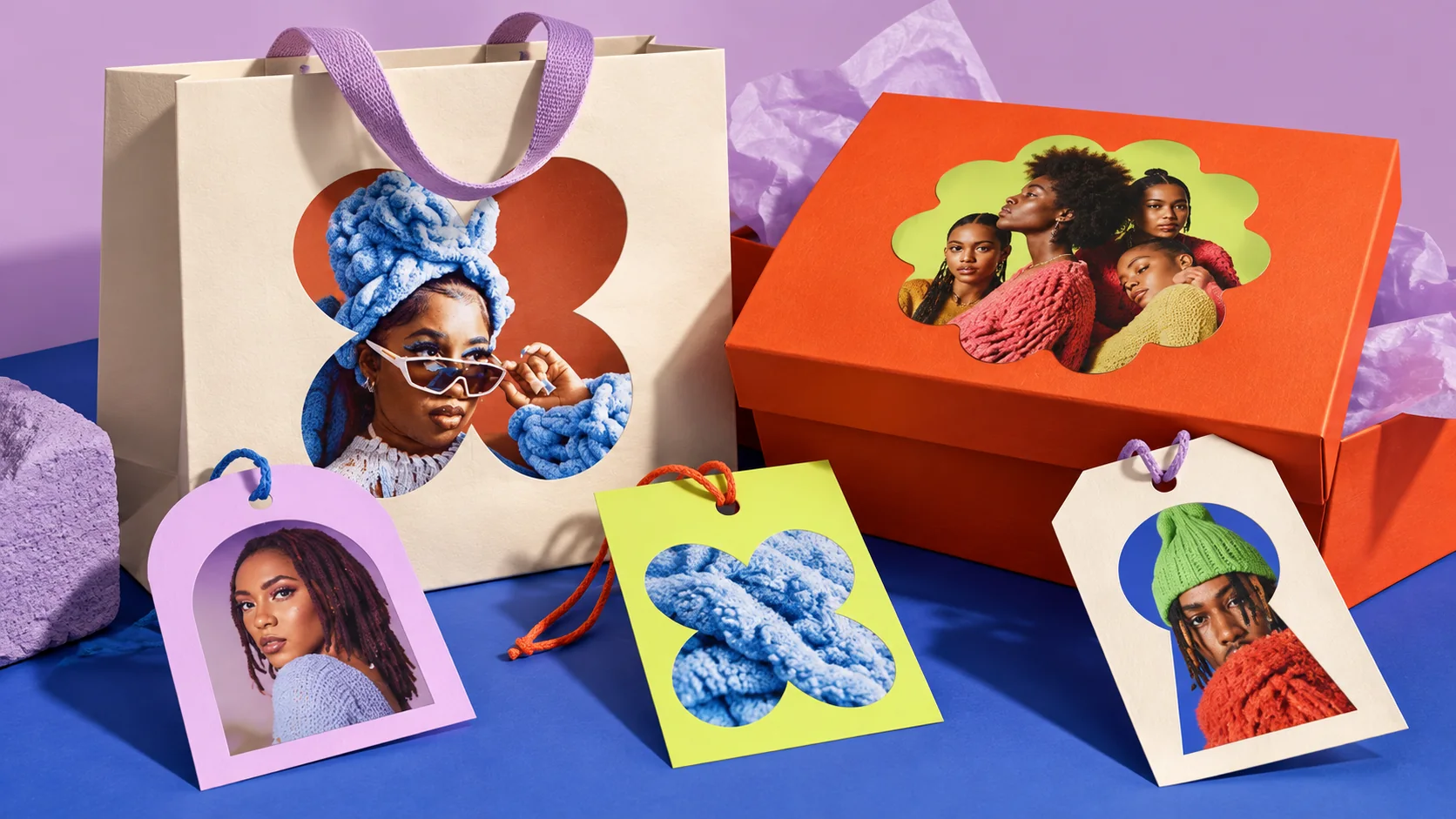Fashion bags, boxes and hangtags crop photographs into flowers, arches, clovers and keyholes.
