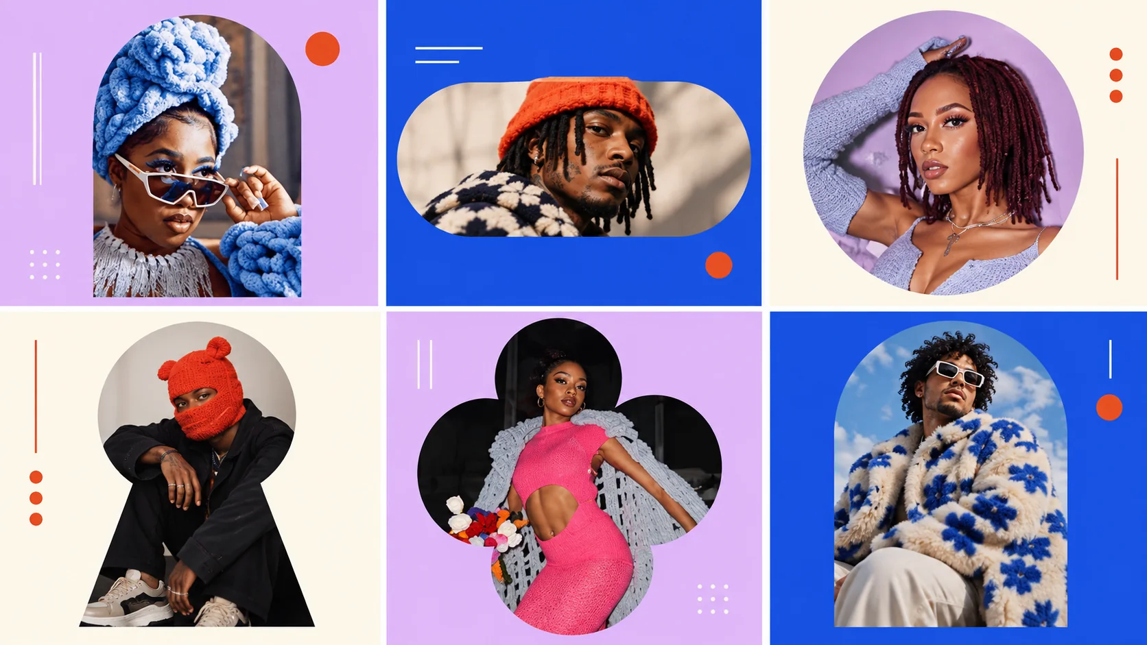 A coordinated fashion poster grid frames diverse models in arches, pills, circles and a clover.