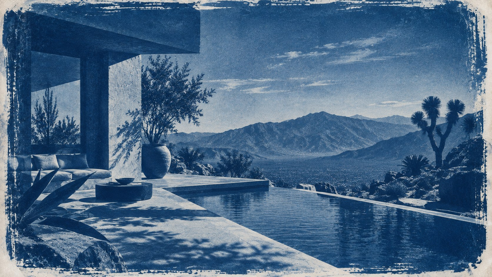 A modern house and infinity pool above a desert valley, printed as a cyanotype in Prussian blue with brushed edges.