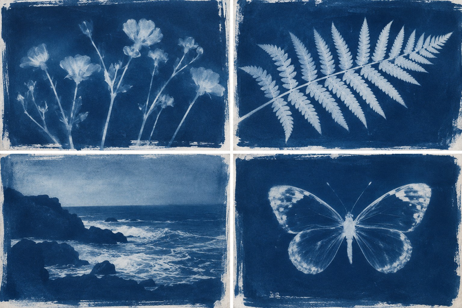 Four cyanotype prints on one sheet: wildflowers, a fern frond, a rocky shoreline and a butterfly, each in Prussian blue with brushed edges.