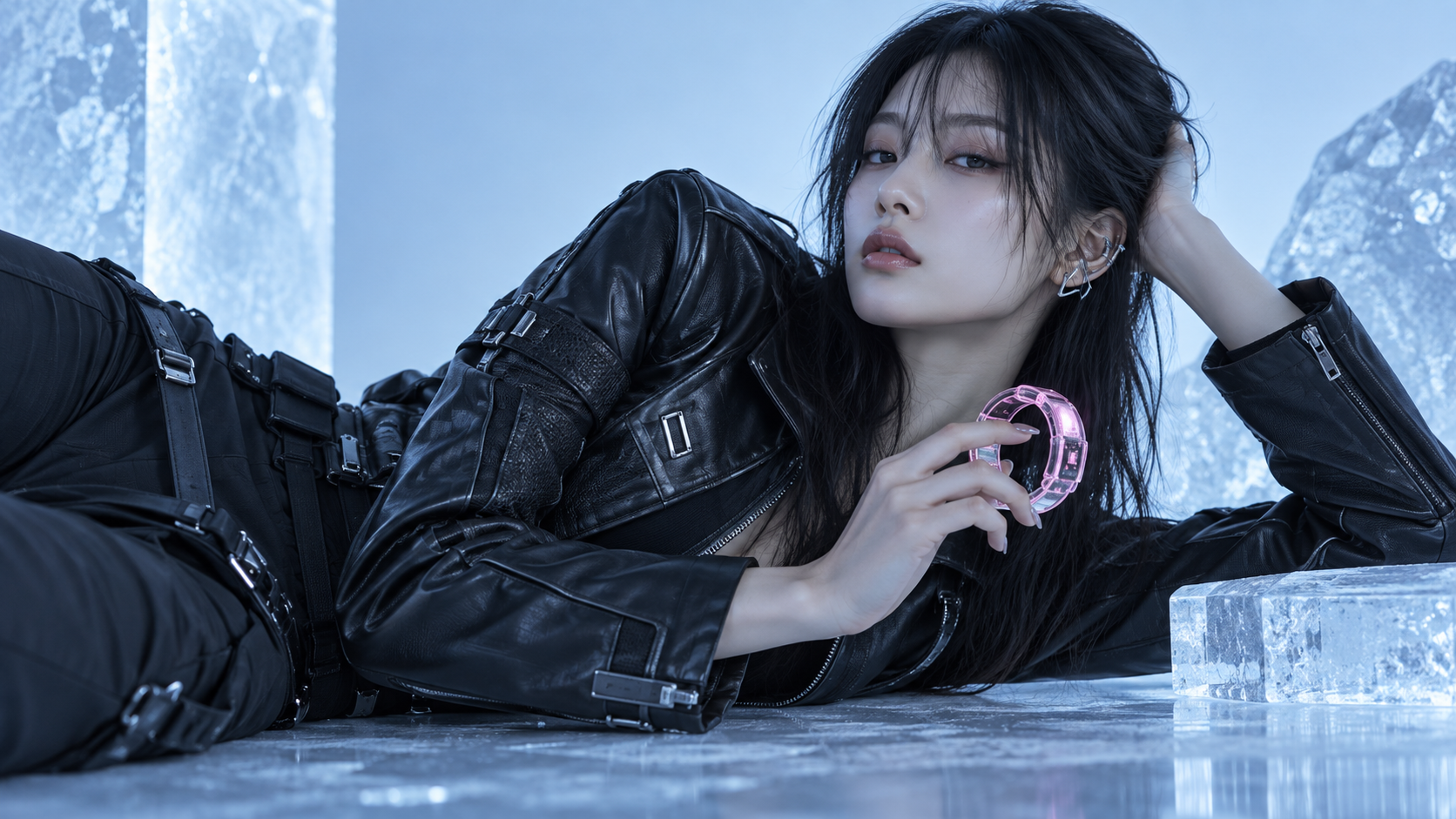 A Cyberpunk 2.0 fashion portrait in icy blue light with a translucent pink wearable.