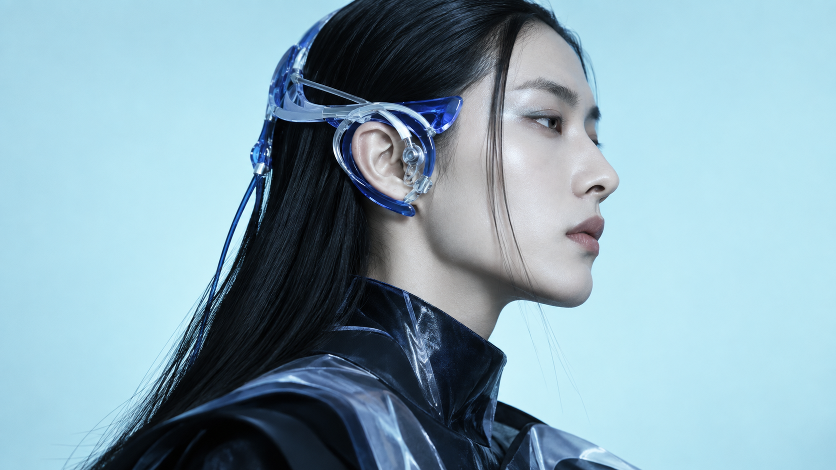 A profile portrait with a translucent cobalt modular ear-device.