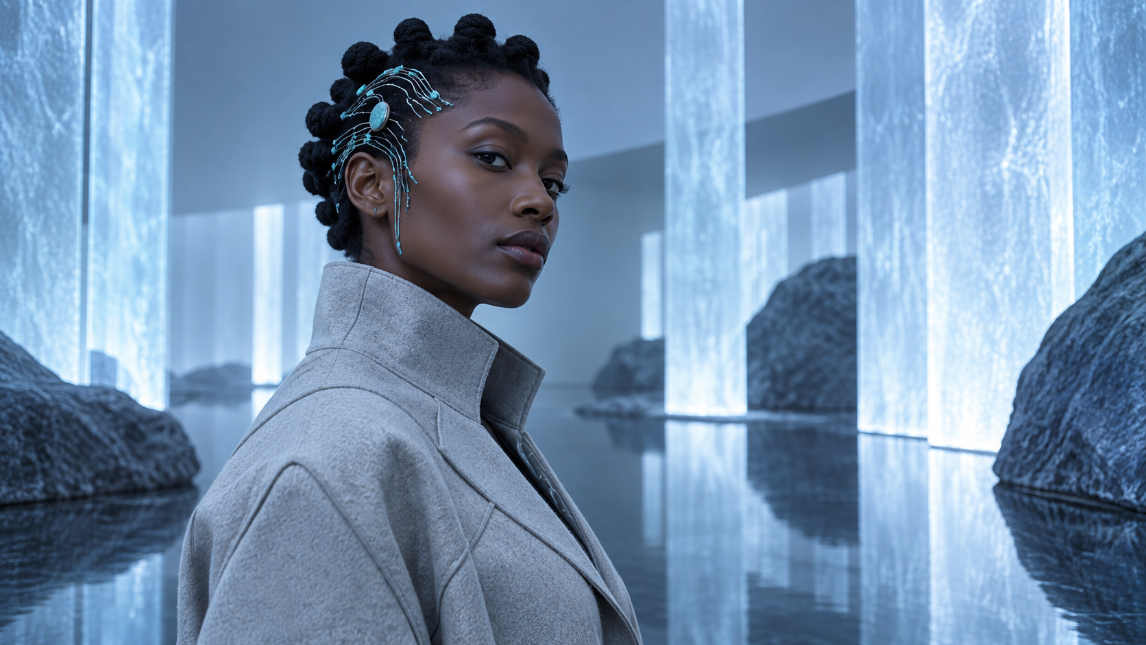 A sculptural high-fashion portrait with a turquoise circuit-like hair ornament.