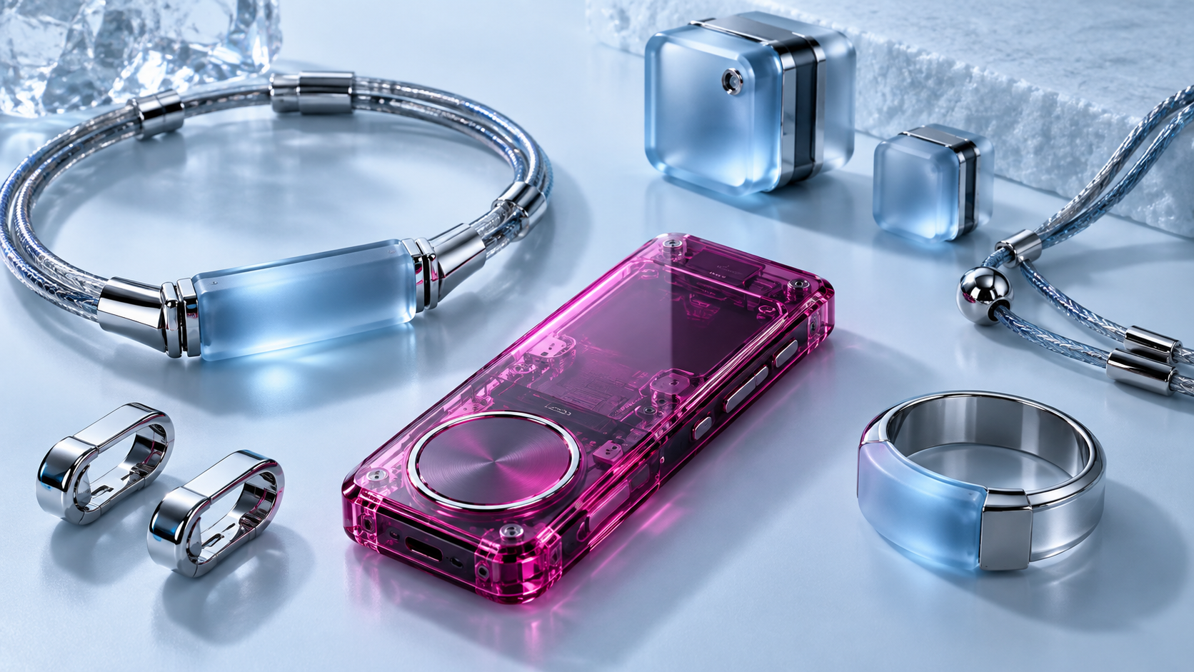 Translucent and chrome wearable-tech objects arranged on an ice-blue surface.