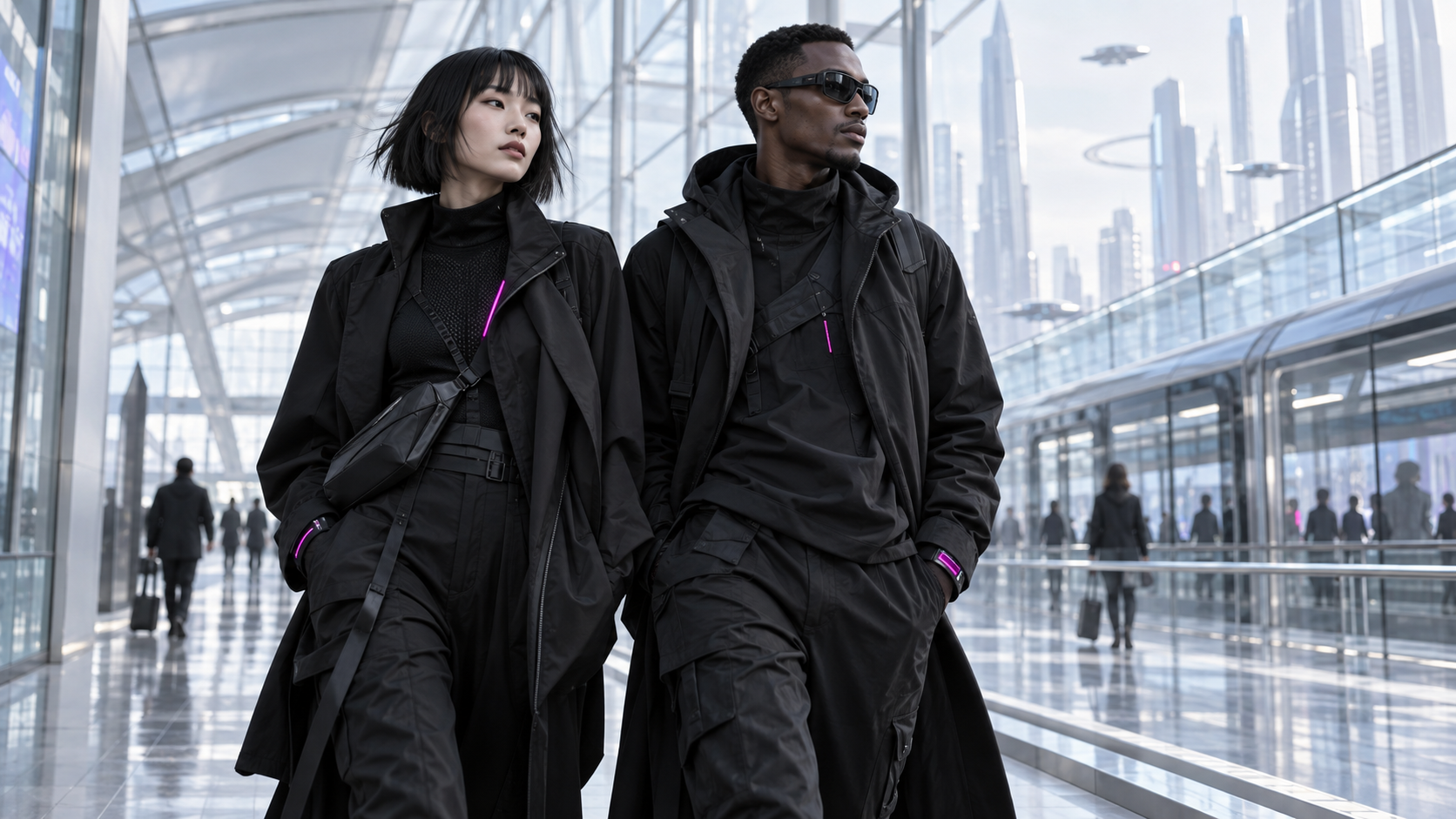 Two adults in quiet technical fashion walking through a bright glass transit concourse.