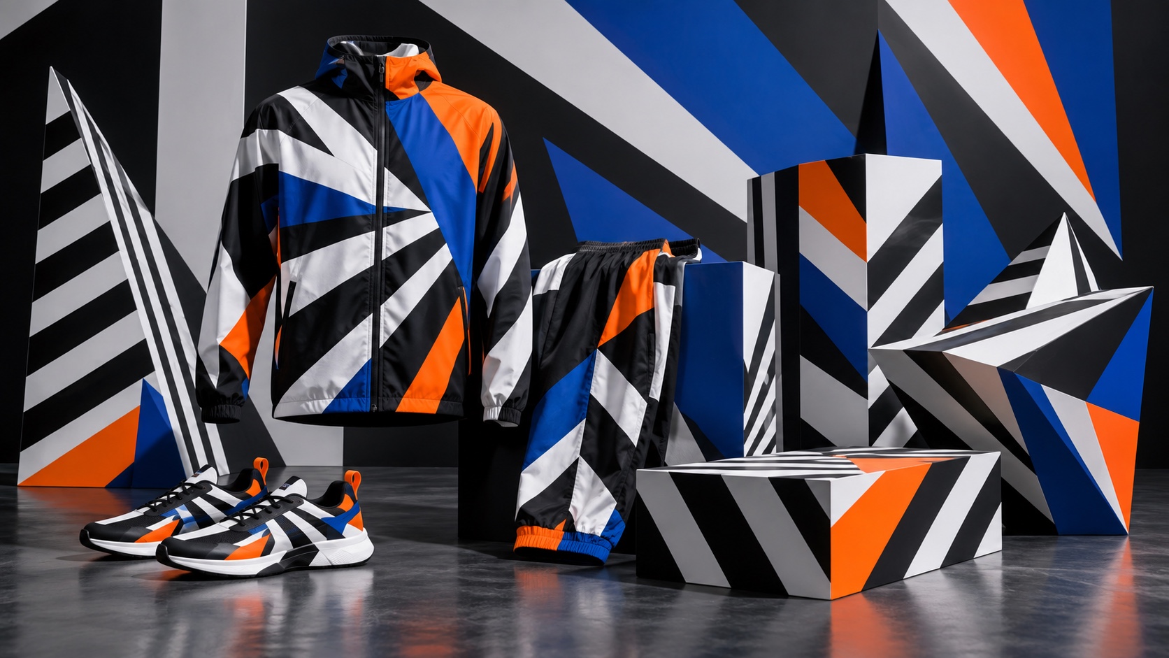Sportswear, boxes and sneakers in black, white, orange and blue dazzle stripes against a striped wall.