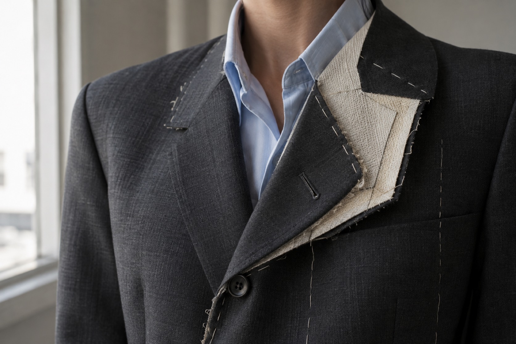 An opened charcoal lapel reveals cream canvas and white basting stitches.