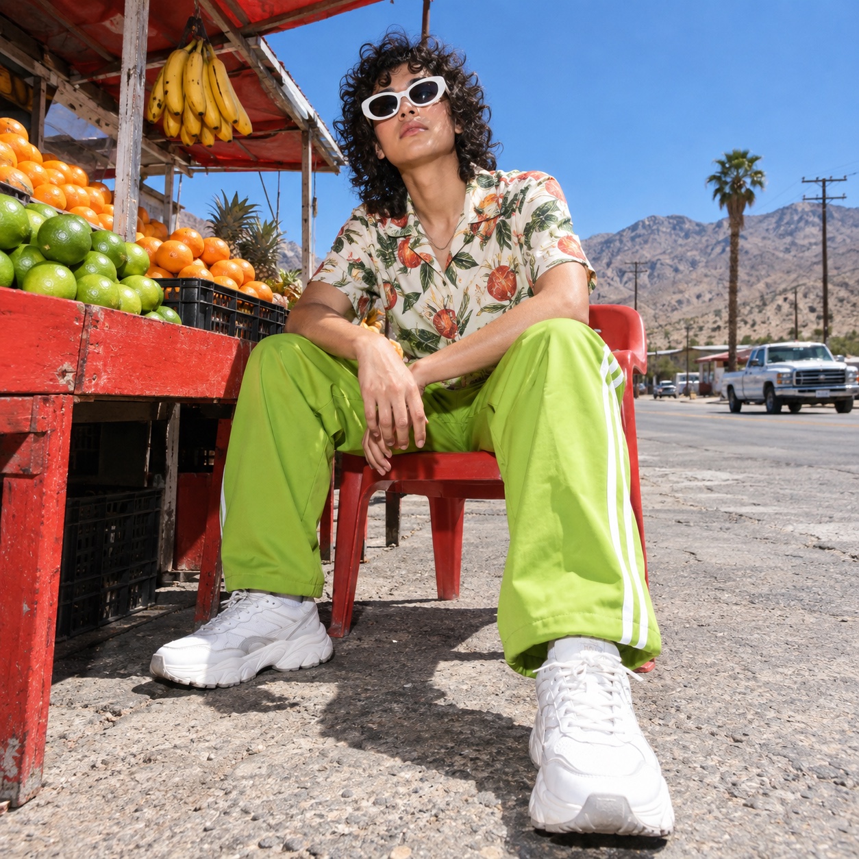 Direct Flash Editorial aesthetic: Fruit stand dossier scene