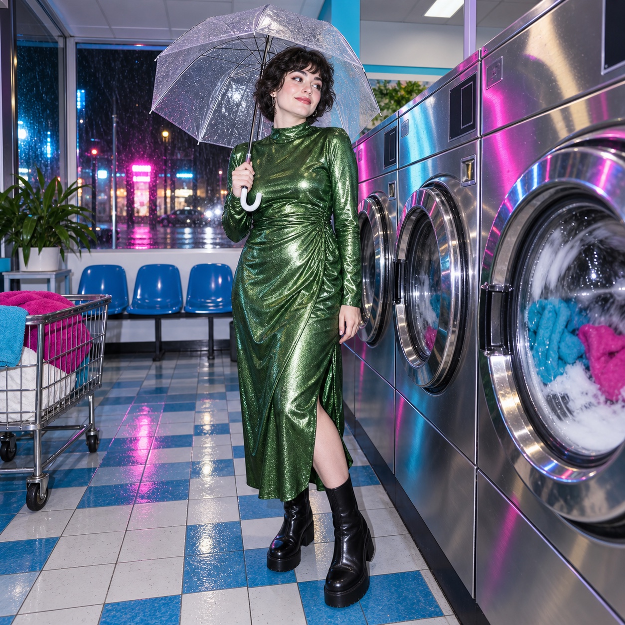 Direct Flash Editorial aesthetic: Laundromat dossier scene